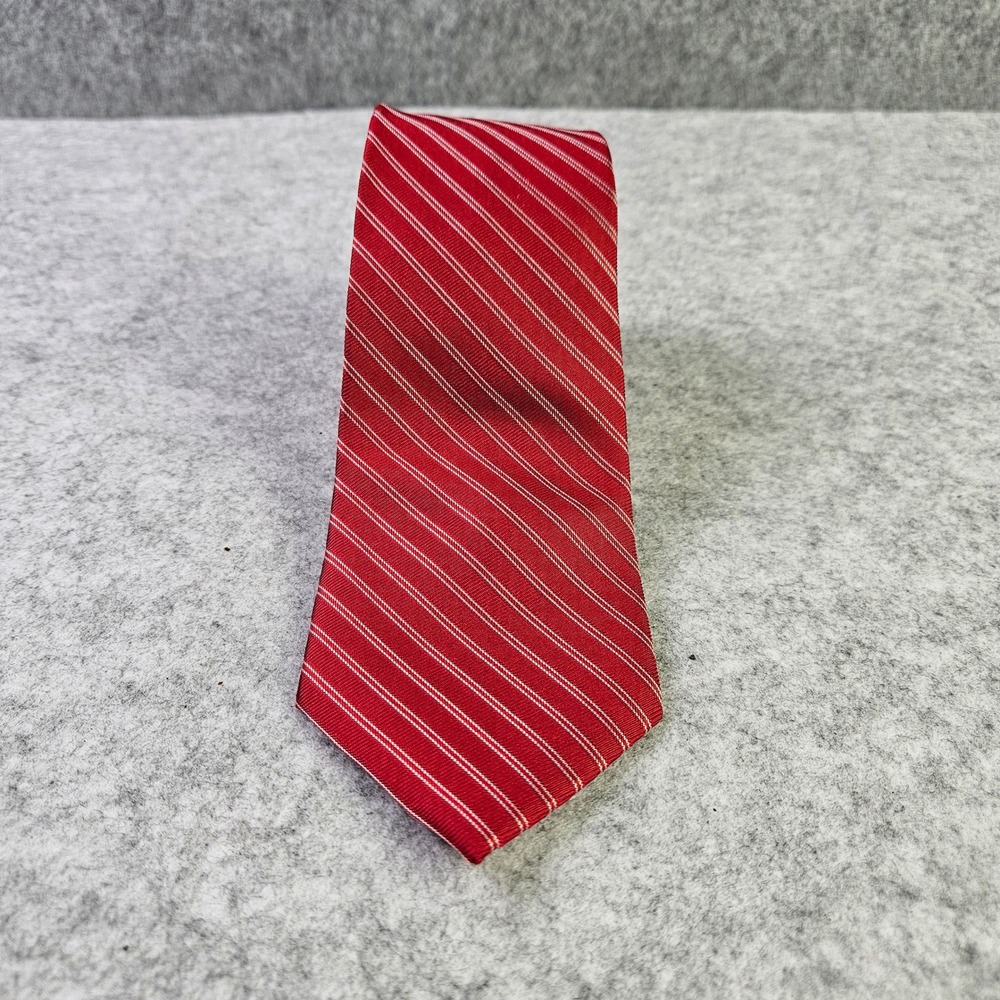 Shore & Singer Mens Red White Diagonal Striped Handmade 100% Silk Necktie Tie